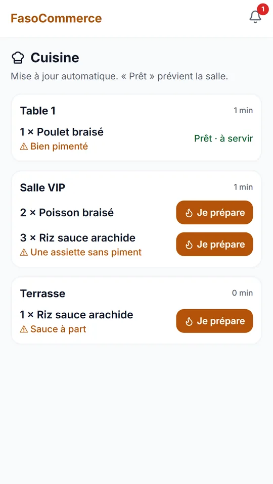 Restaurant kitchen screen: orders by table and preparation status