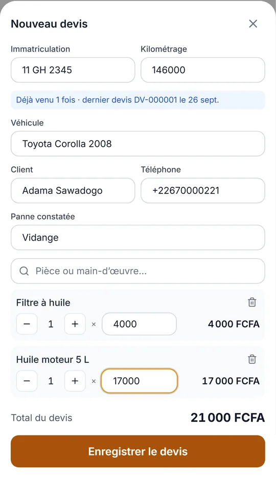 Creating a garage quote: vehicle, parts, labour, total